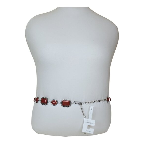 Haute Hippie Style Silver & Red Stone Chain Belt One Size Adjustable 41" Long - Picture 11 of 11